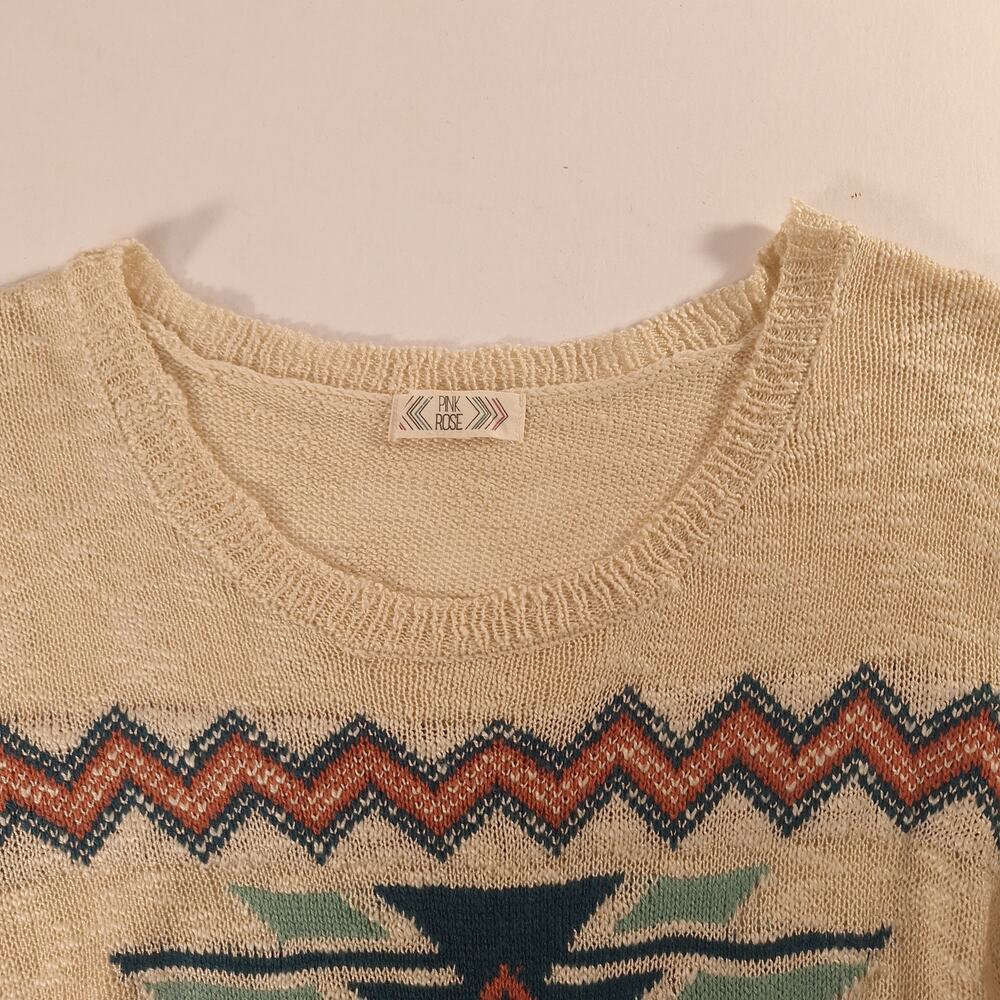 Pink Rose Women's Sweater XL Beige Southwestern Aztec Lightweight Knit Boho Top - Picture 12 of 13